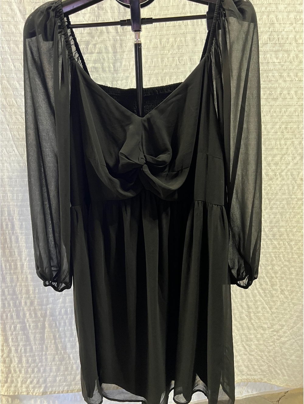 Pinup Fashion 22W Black Smocked Twist Front Dress Sheer Balloon Sleeves